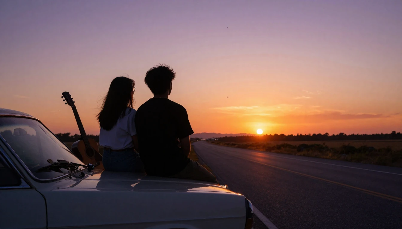 Two silhouettes of friends sitting on the hood of a vintage ...