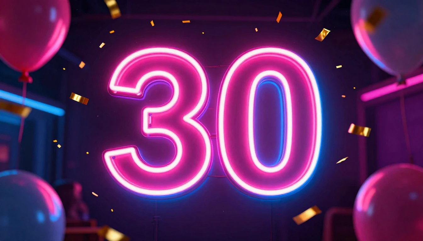 A vibrant and energetic album cover design celebrating a 30t...