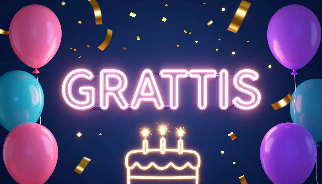 A vibrant and festive birthday scene featuring a glowing neo...