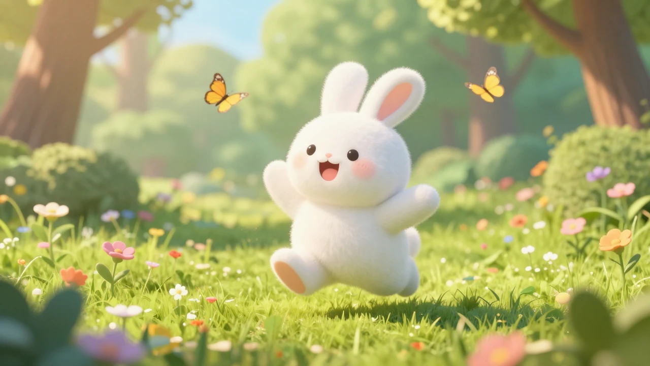 A cute fluffy cartoon bunny joyfully jumping across a lush g...