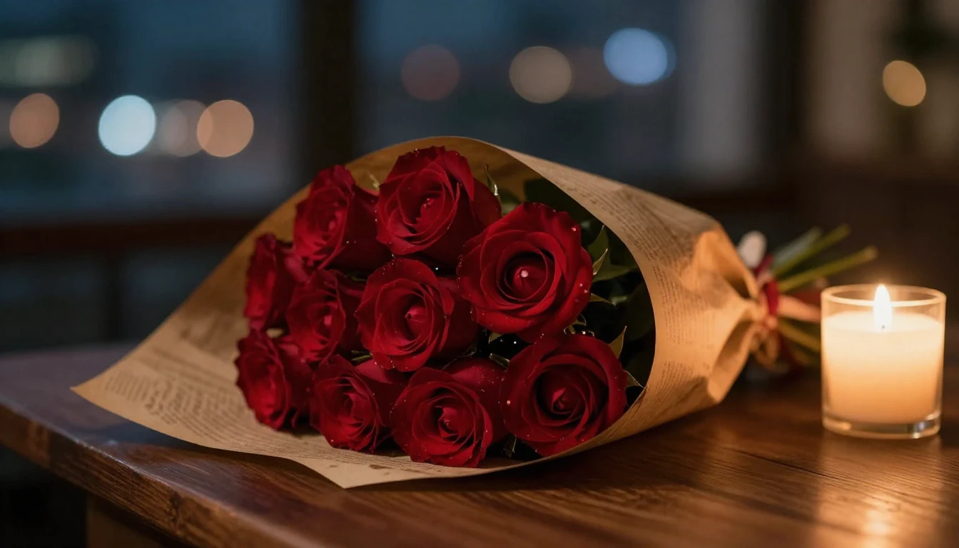 A romantic cinematic close-up of a bouquet of deep red roses...
