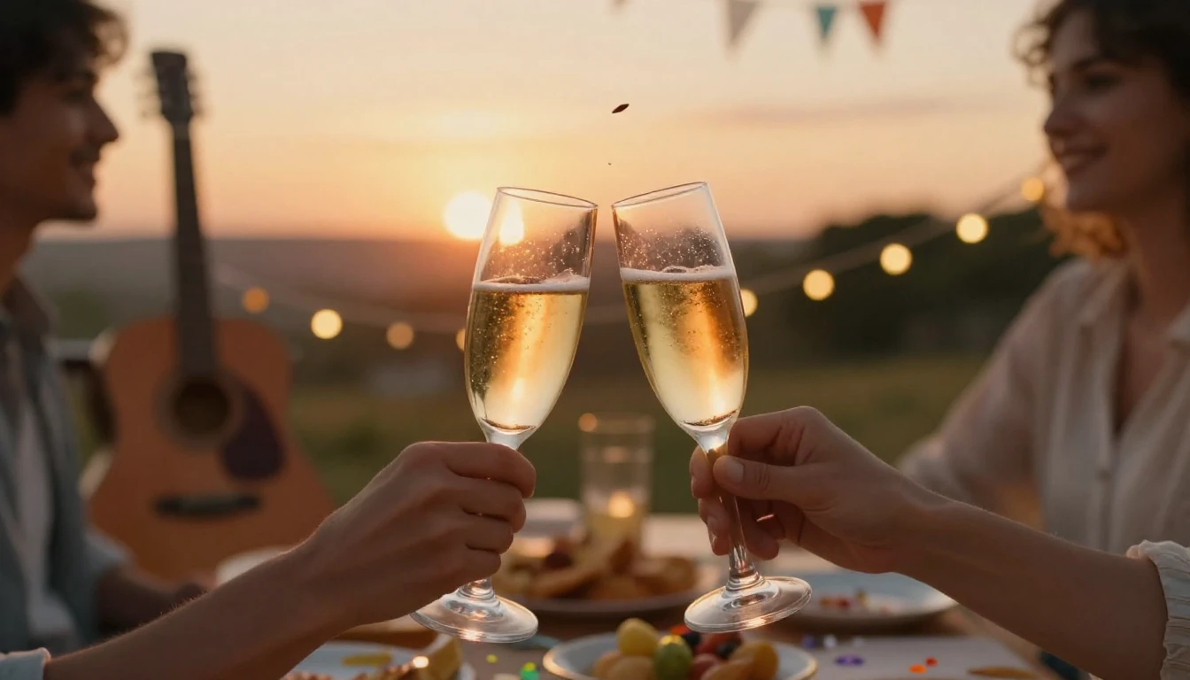 A warm and nostalgic scene of celebration, two glasses of ch...