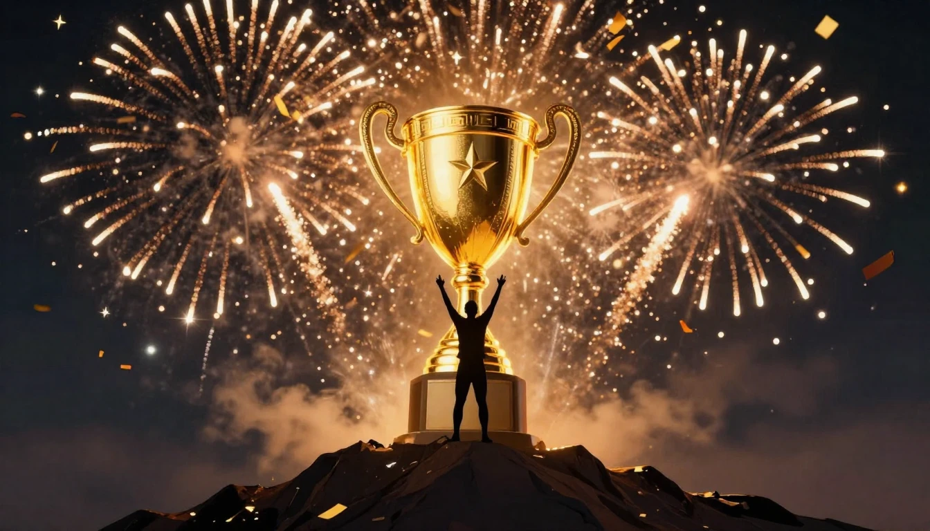 A glowing golden trophy surrounded by festive fireworks and ...