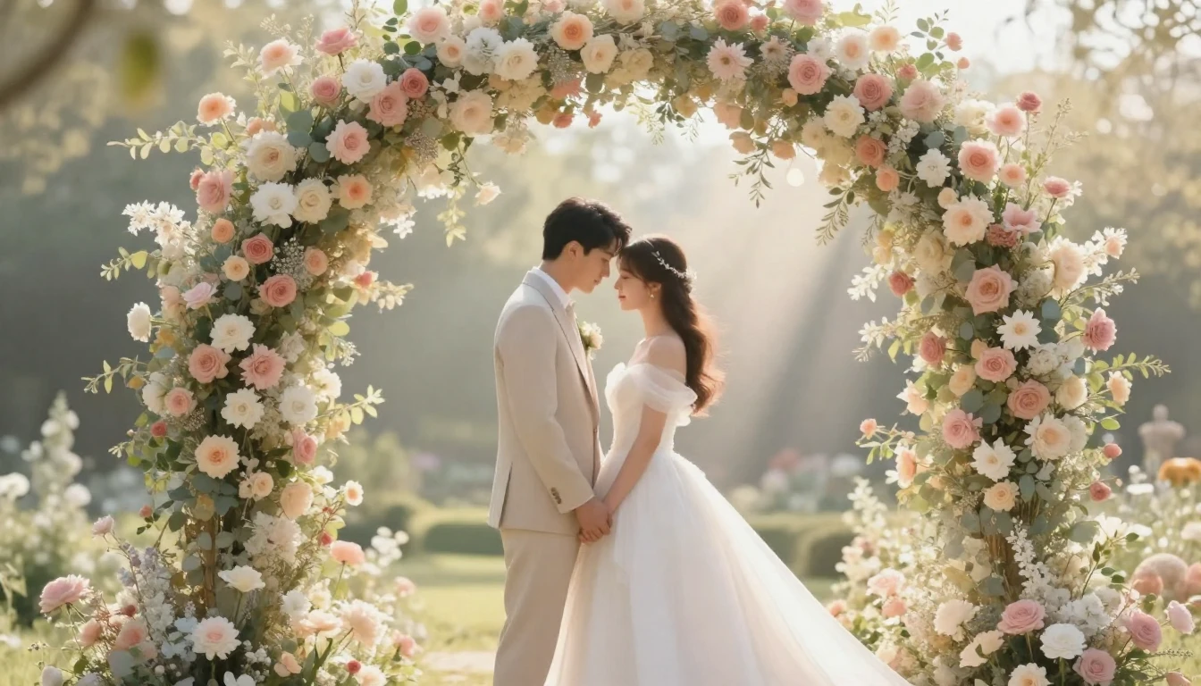 A romantic and soft artistic depiction of a wedding couple s...