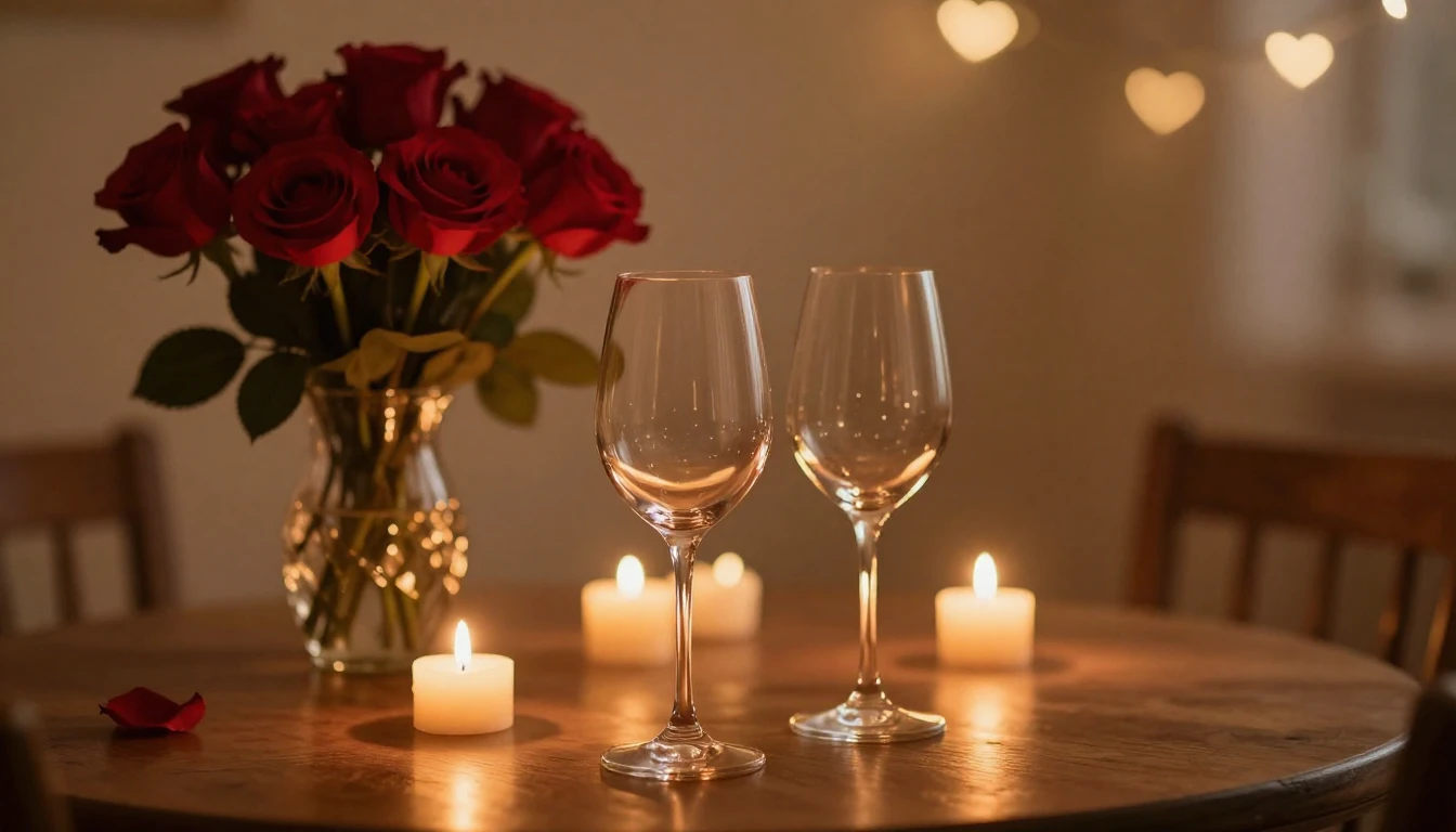 A serene and romantic scene featuring two elegant wine glass...