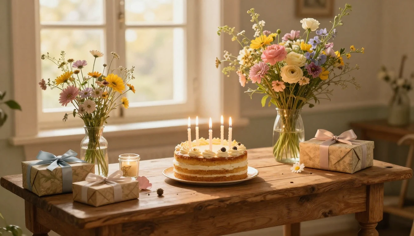 A heartwarming birthday celebration scene featuring a rustic...