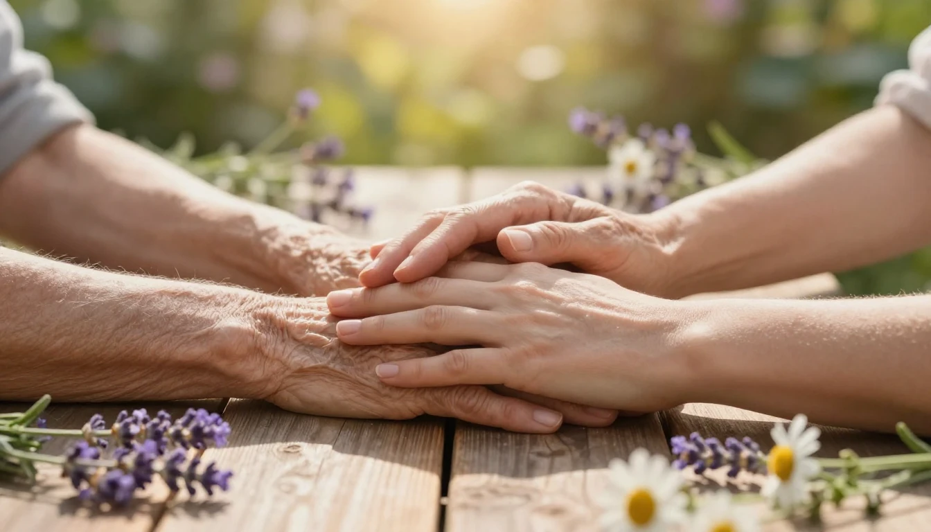 A serene and heartwarming scene featuring two pairs of hands...