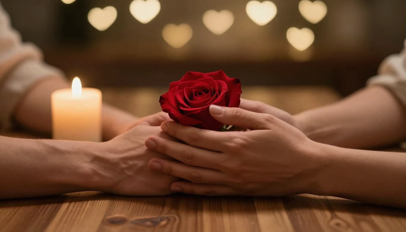 A warm and romantic Valentine's Day setting, close-up of two...