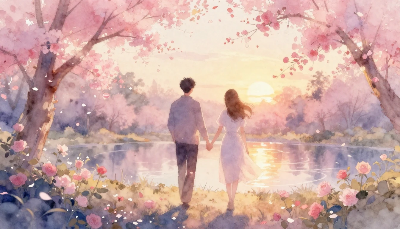 A soft and ethereal watercolor painting depicting two silhou...