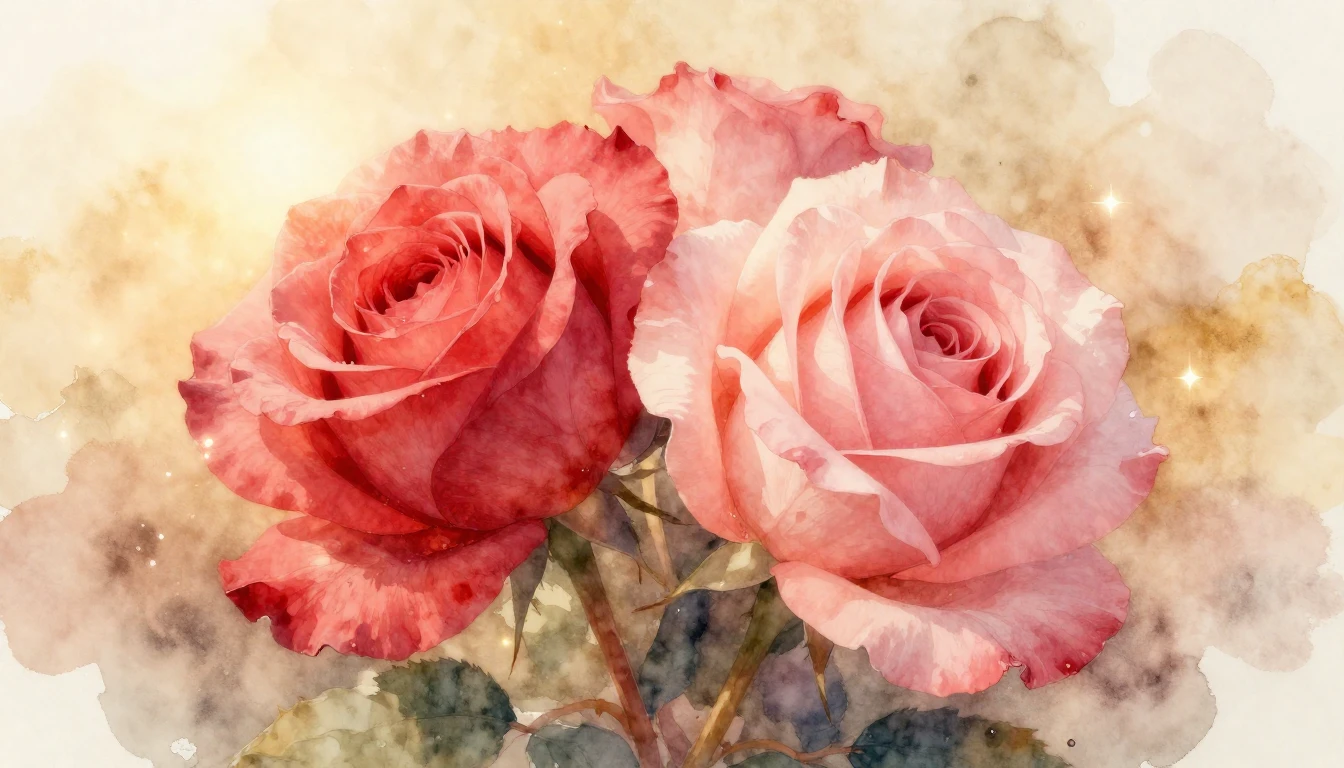 A delicate watercolor painting of two intertwined roses in s...