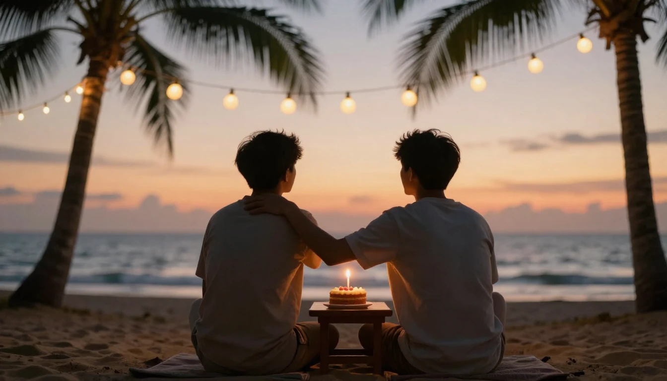 A warm and inviting scene depicting two distinct male silhou...