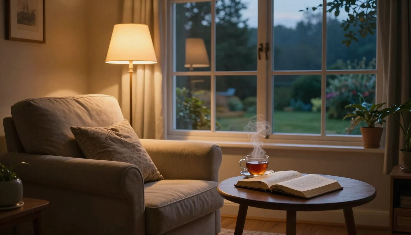 A cozy living room scene during a soft twilight. A comfortab...