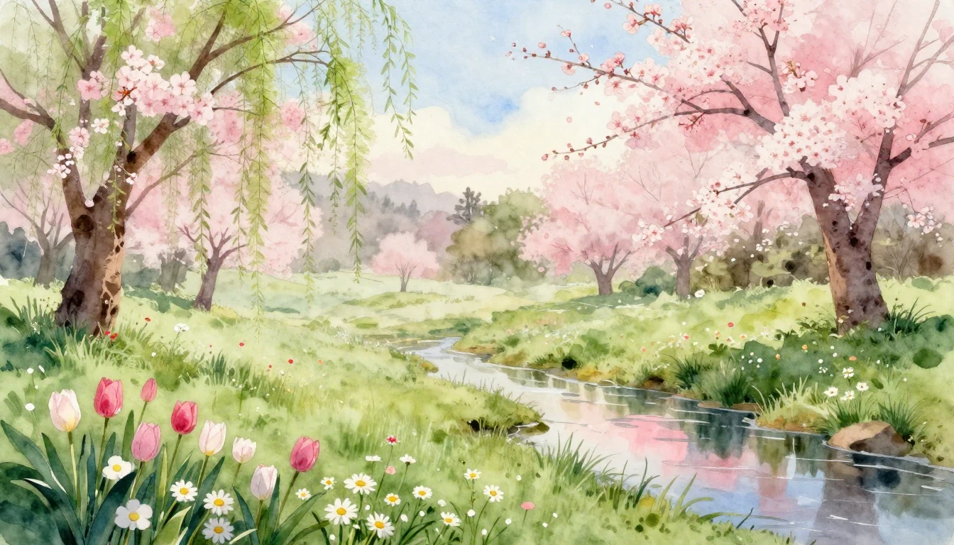 A beautiful watercolor painting of a lush meadow at dawn dur...