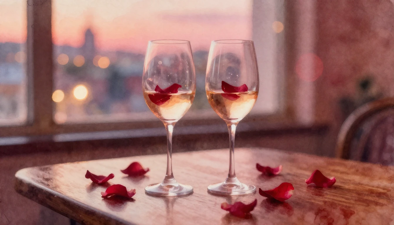 A dreamy watercolor painting of two elegant wine glasses sit...