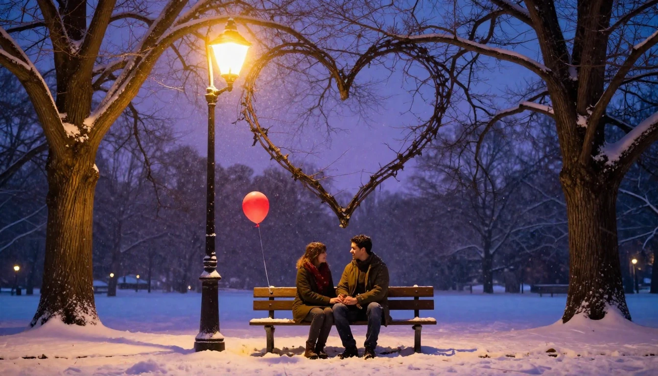 A soft and romantic scene of a couple sitting on a wooden be...