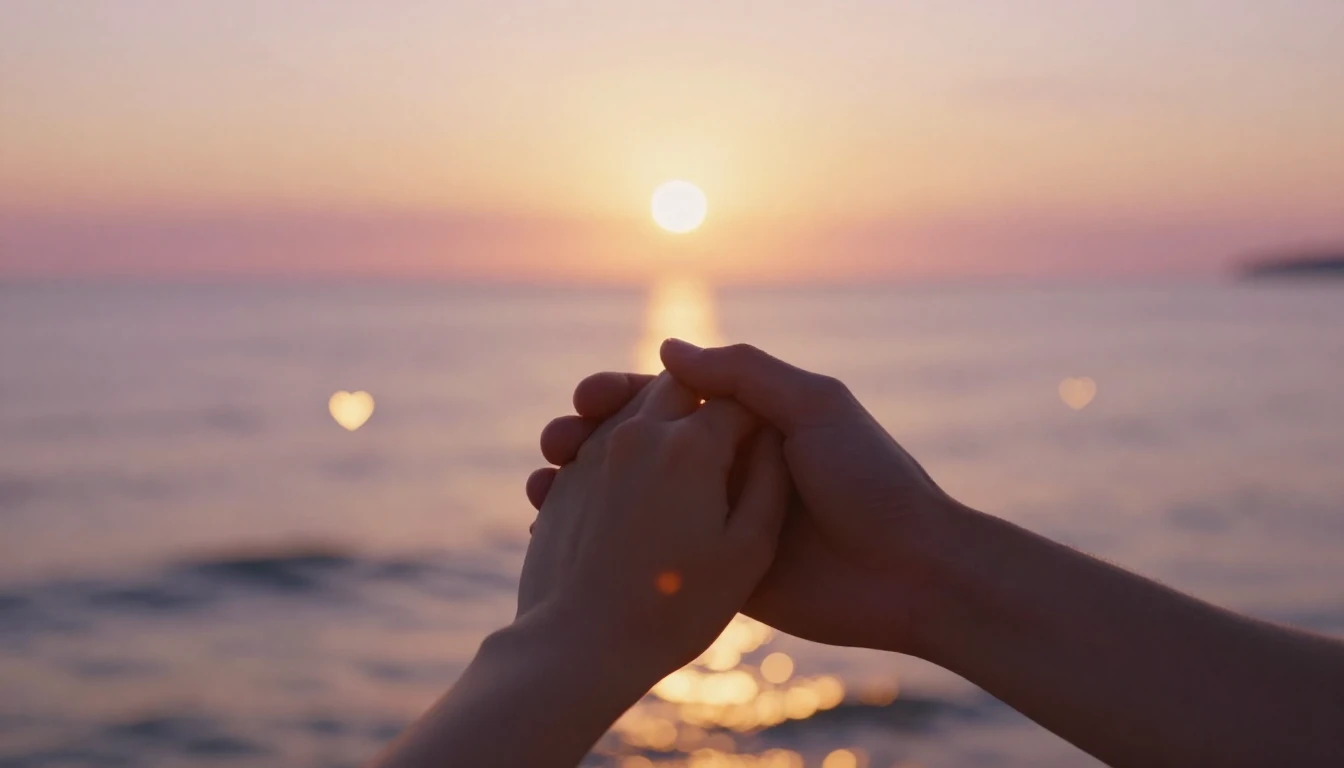 A cinematic, romantic close-up shot of two hands gently hold...