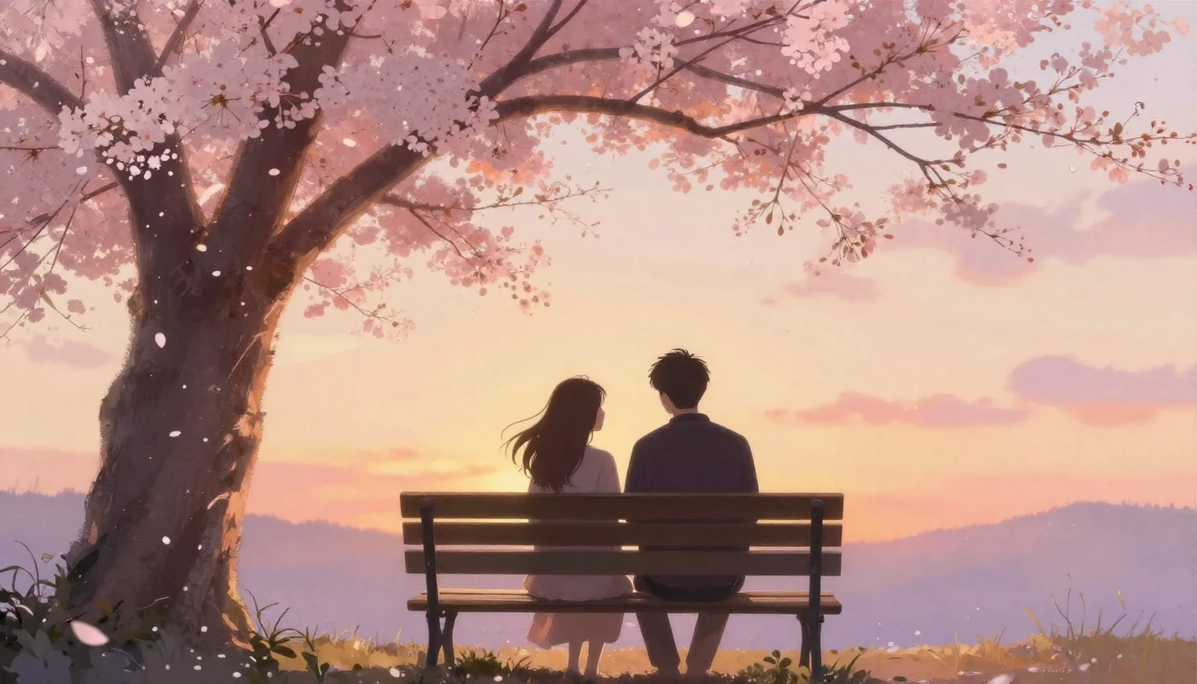 A romantic and dreamy scene depicting two silhouettes sittin...
