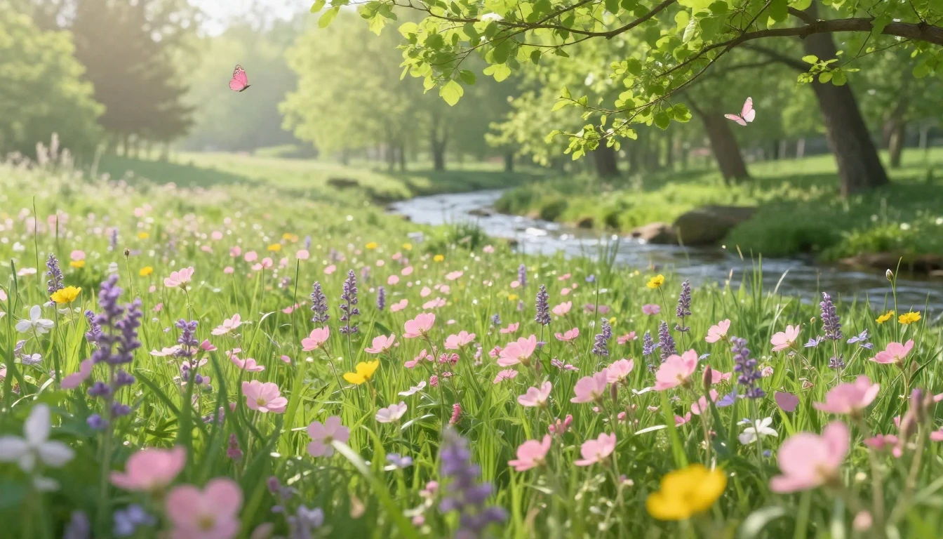 A lush meadow filled with blooming wildflowers in shades of ...