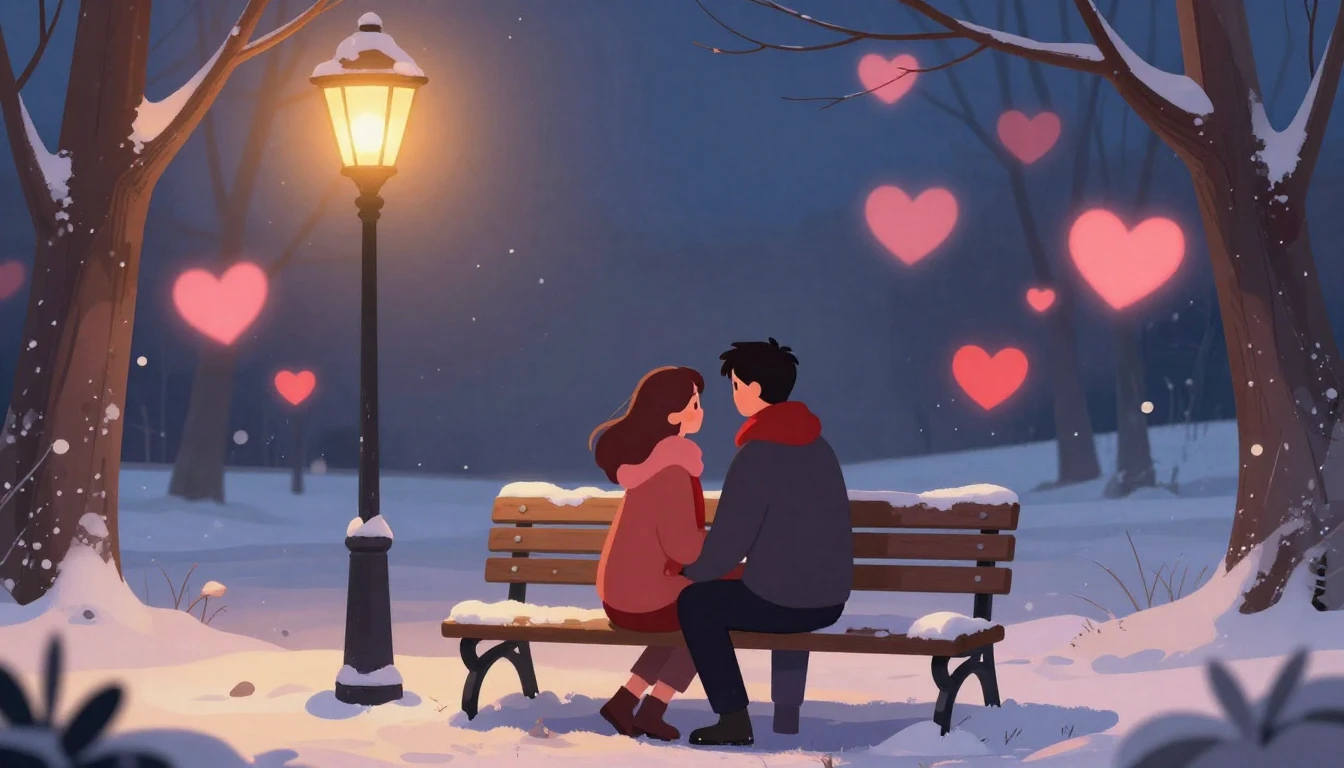 A romantic digital art illustration of a couple sitting on a...