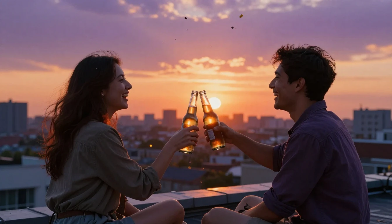A warm and nostalgic scene of two friends sitting on a rooft...