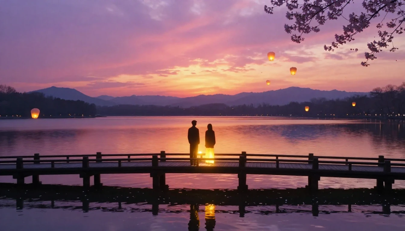 A breathtakingly beautiful scene of two glowing silhouettes ...