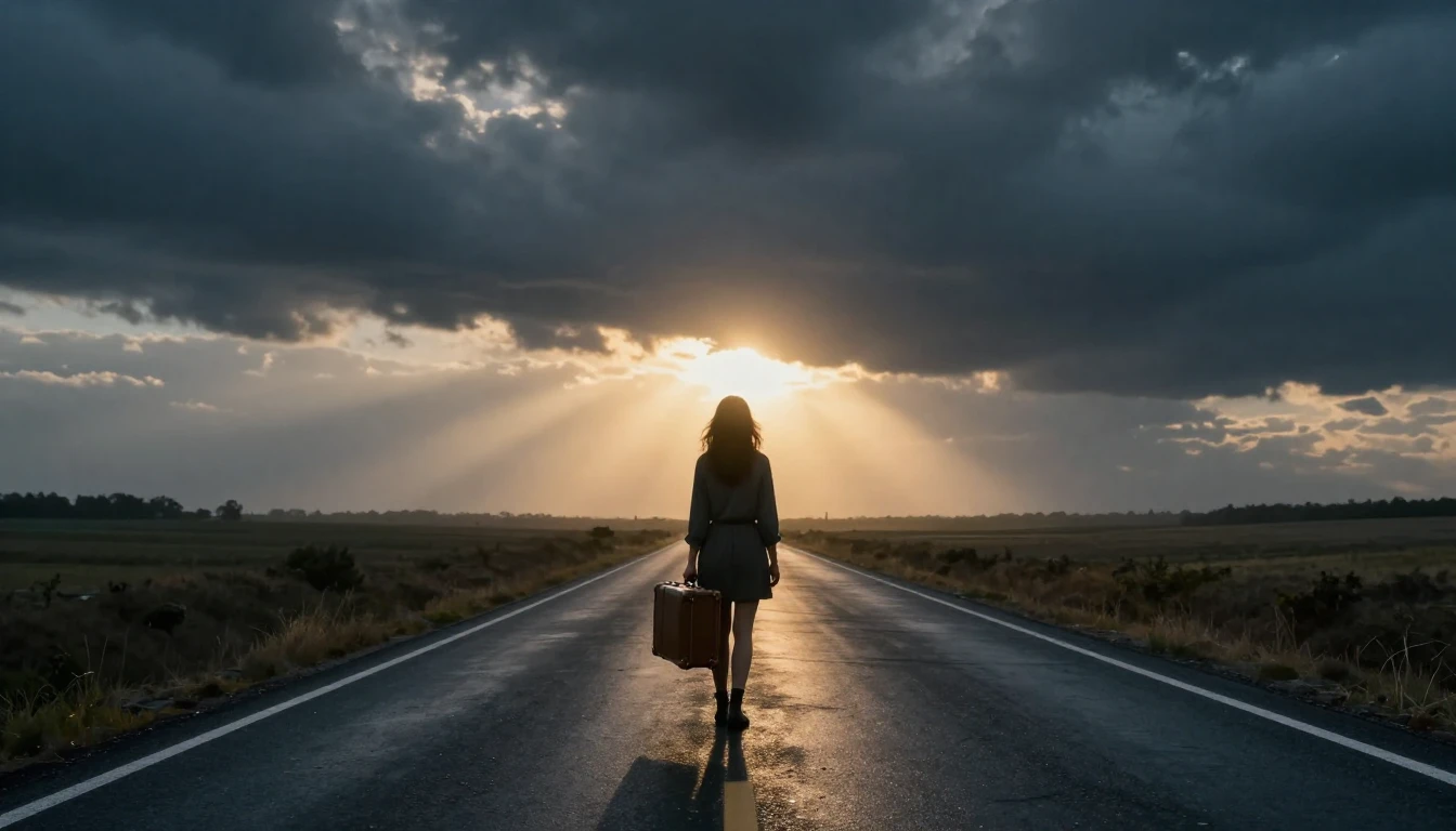 A cinematic wide shot of a lone woman standing at the end of...