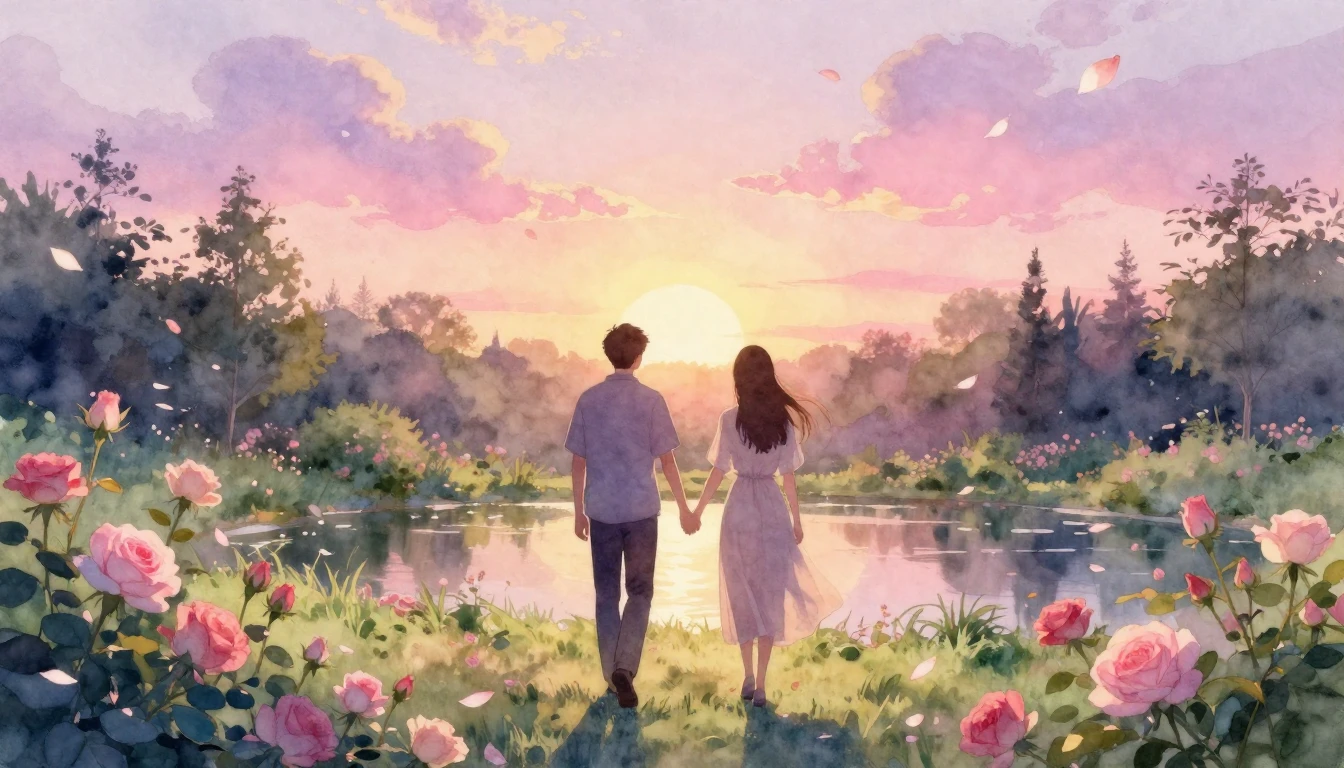 A dreamlike watercolor painting of two silhouettes walking h...