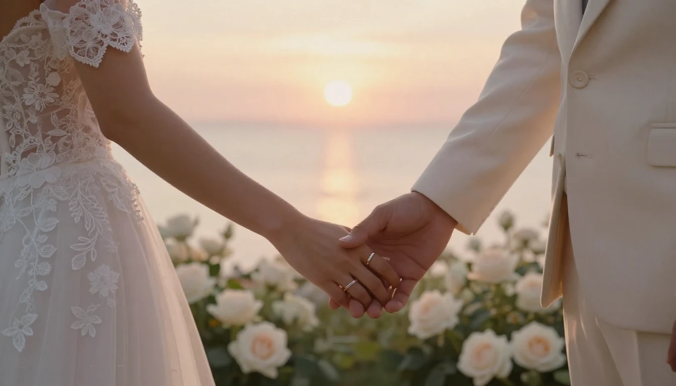 Close-up of a bride and groom holding hands, showing their w...
