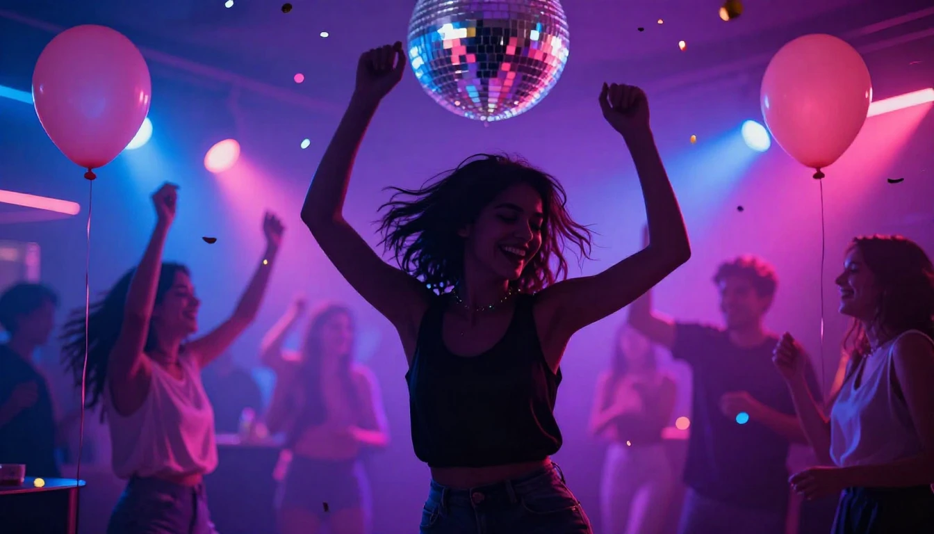 A vibrant and energetic party scene celebrating a birthday, ...