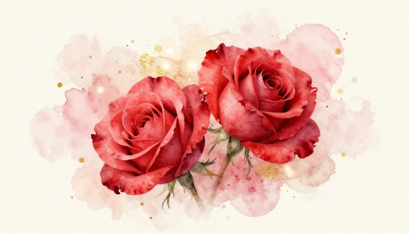A beautiful watercolor painting of two delicate red roses in...
