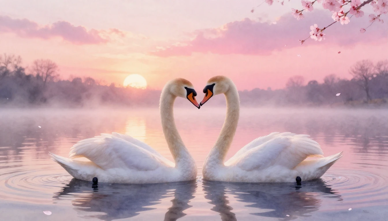 A dreamy watercolor painting of two elegant swans forming a ...