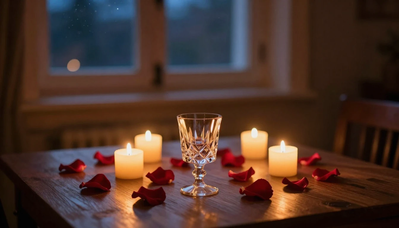 A cozy, romantic indoor setting during twilight. A wooden ta...