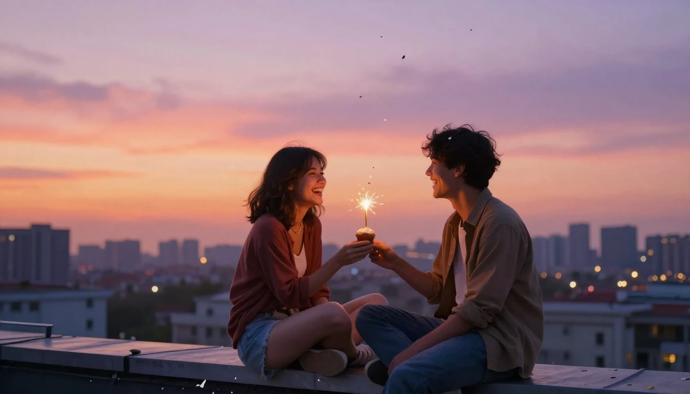 Two best friends sitting side by side on a rooftop at golden...