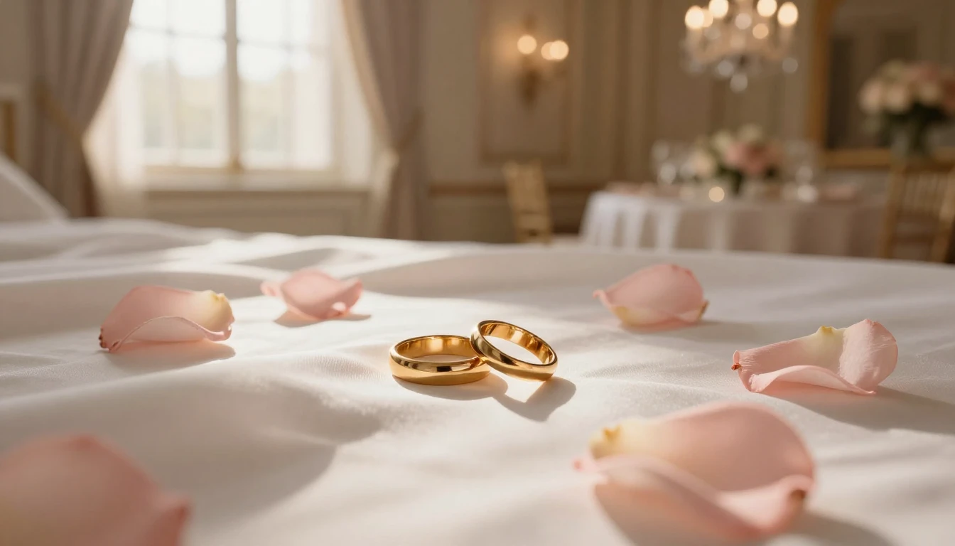 A luxurious and romantic setting featuring two golden rings ...