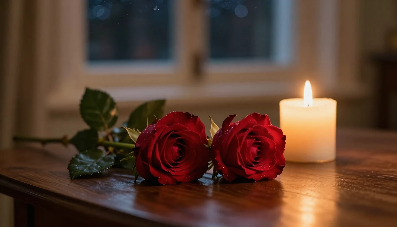 A breathtaking scene of two delicate red roses resting on a ...