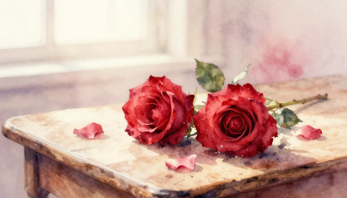 A delicate watercolor painting of two intertwined red roses ...