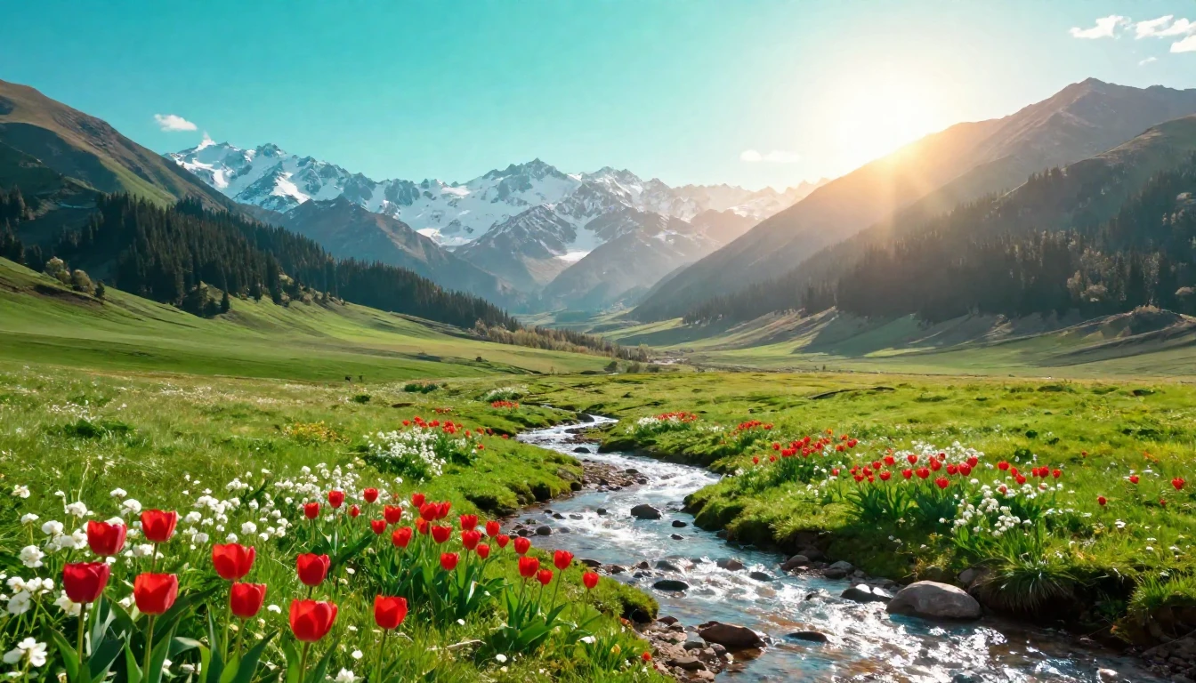 A breathtaking cinematic landscape of a Central Asian mounta...