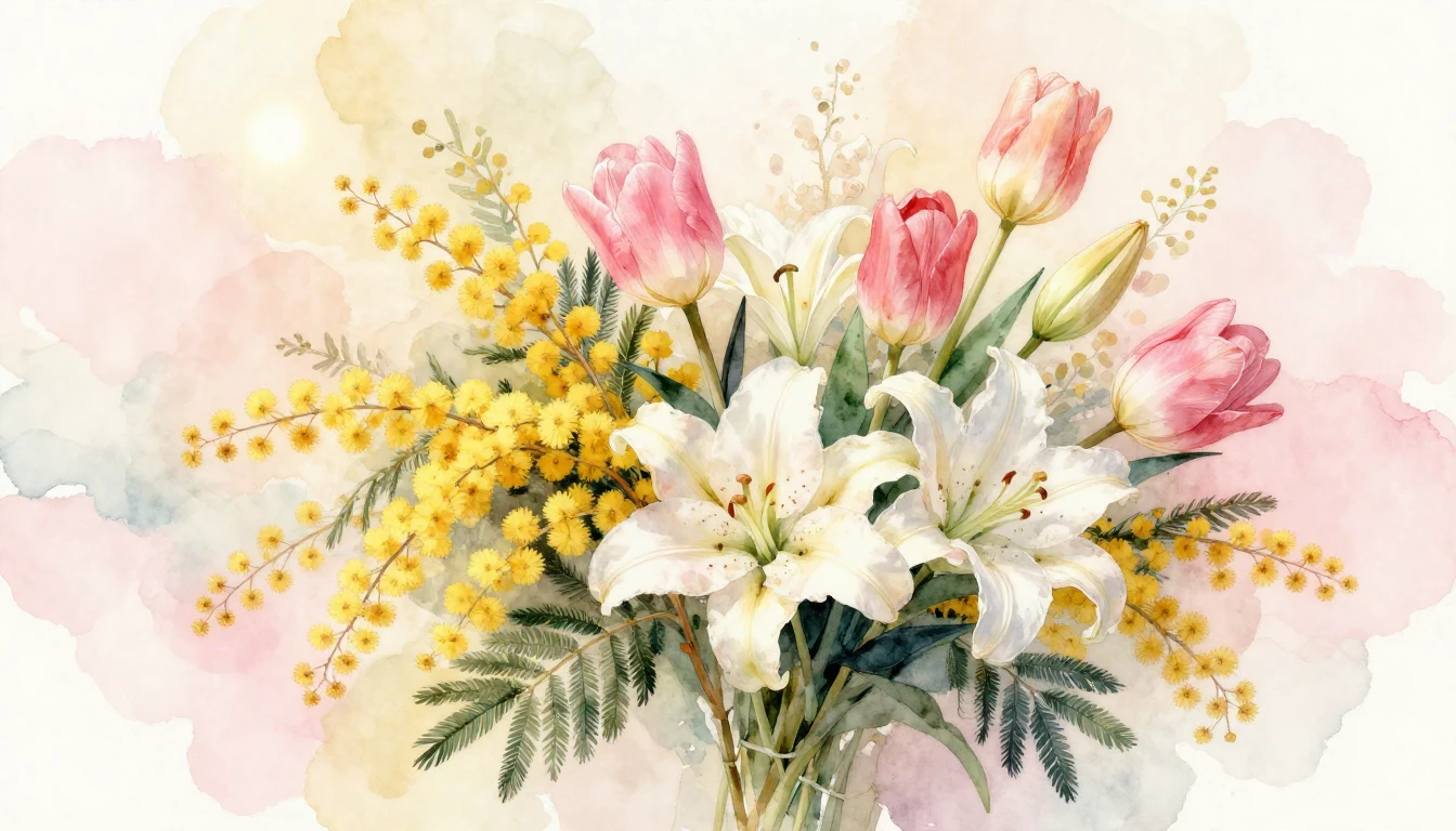 A beautiful and delicate watercolor painting of a lush bouqu...