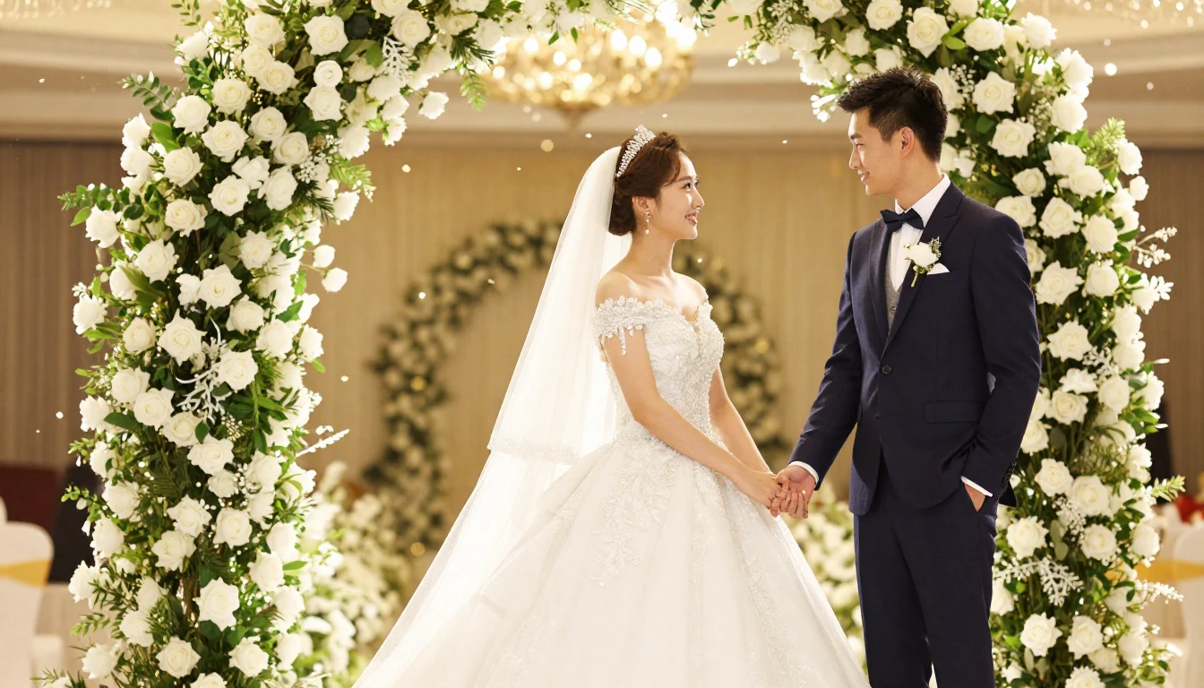 A festive and romantic wedding concept art showing a bride i...