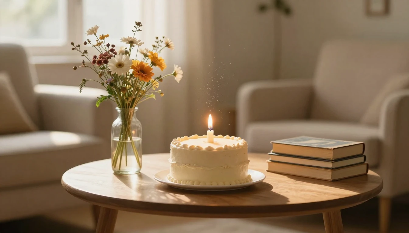 A cozy indoor scene featuring a small wooden table with a si...