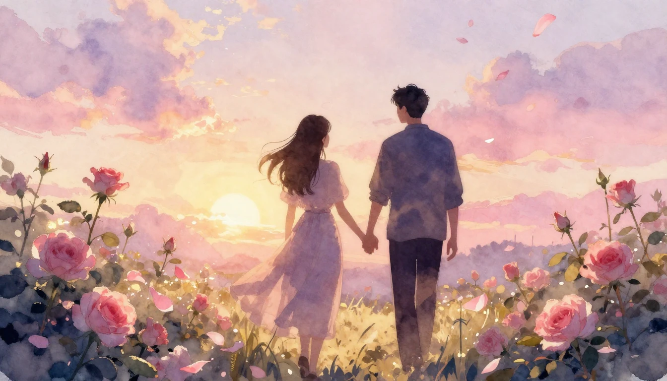 A beautiful watercolor painting of two silhouettes walking h...