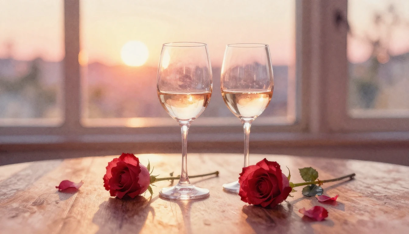 A soft watercolor painting of two elegant wine glasses sitti...