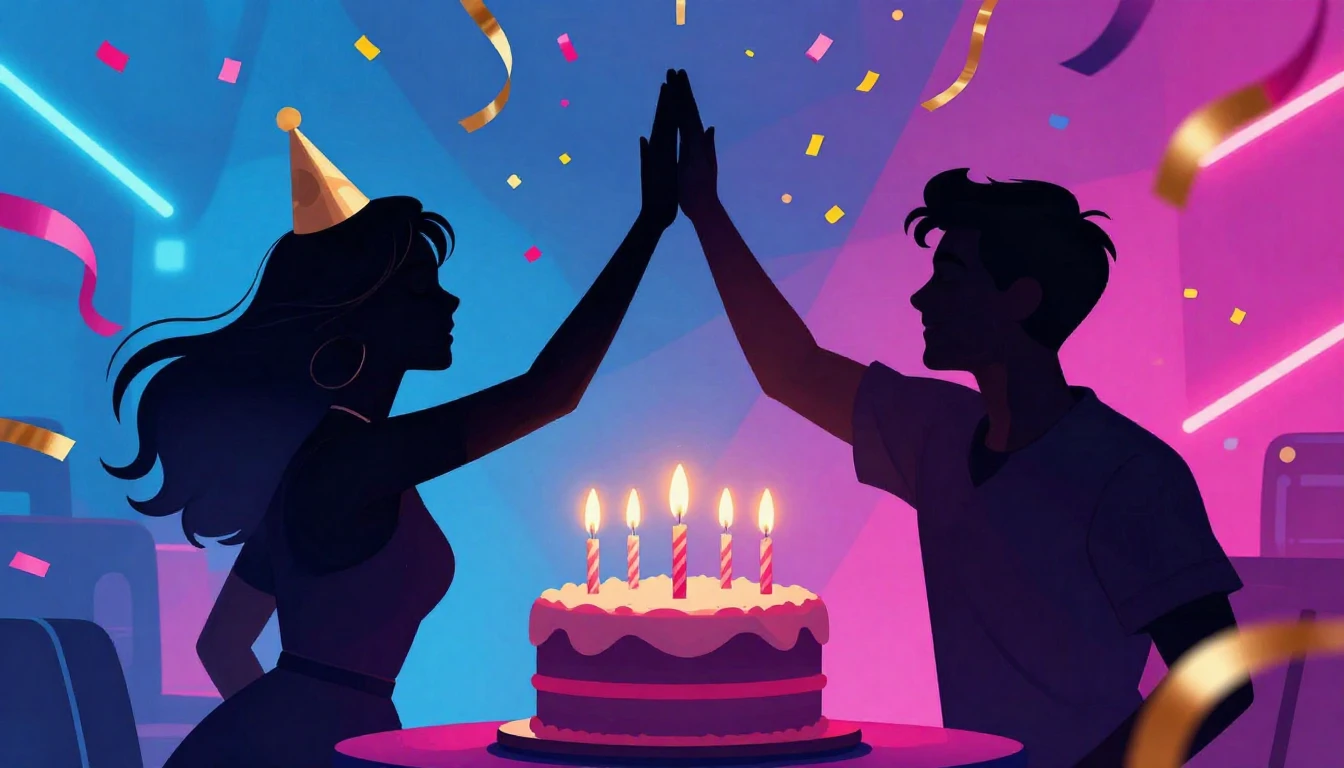 A vibrant digital illustration of a birthday celebration. Tw...