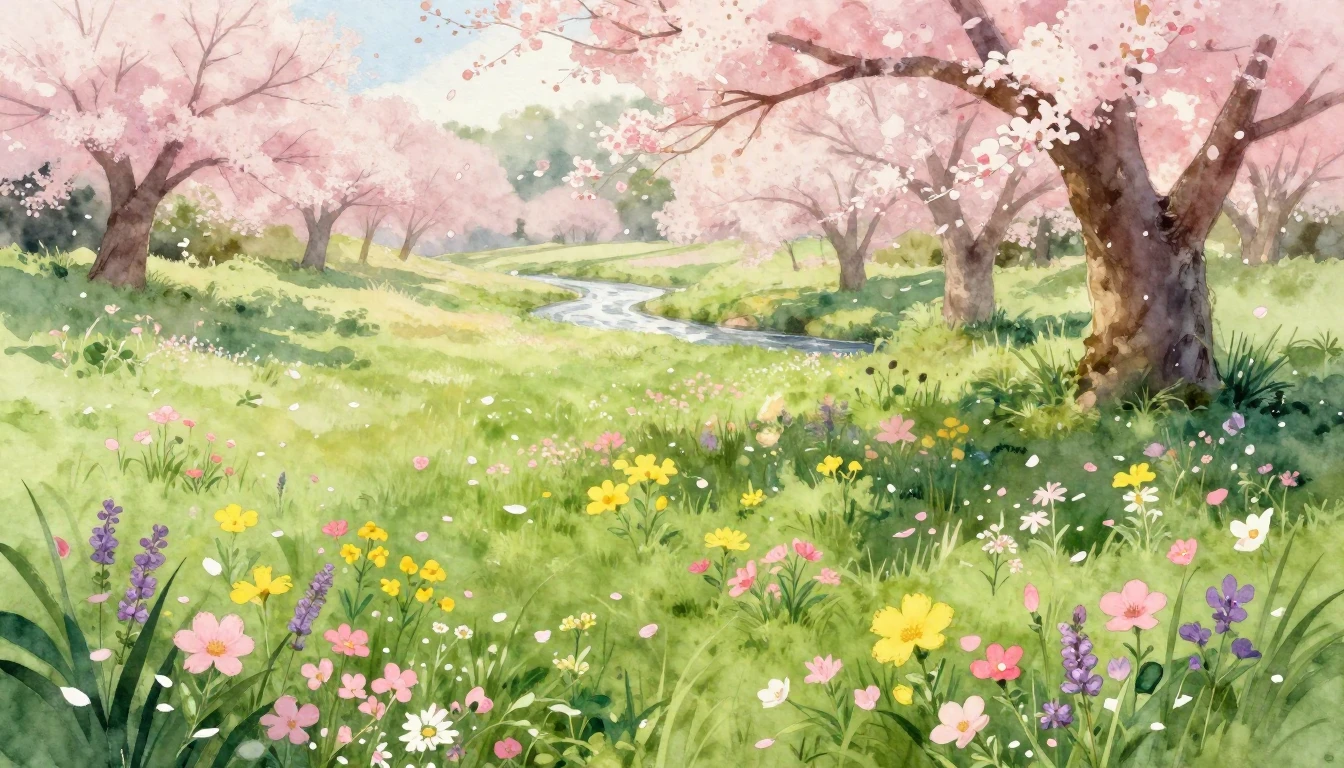 A breathtaking spring landscape in a soft watercolor style. ...