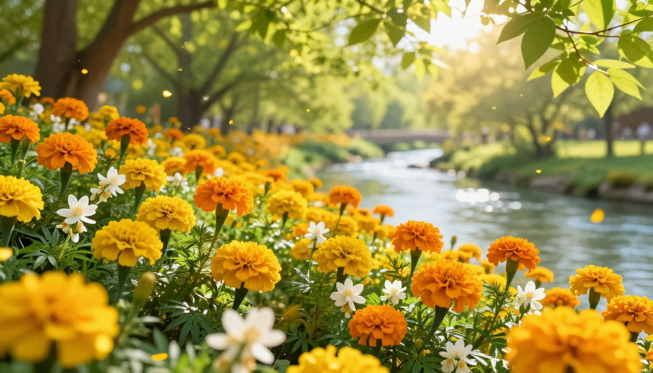 A vibrant spring landscape filled with blooming marigolds an...