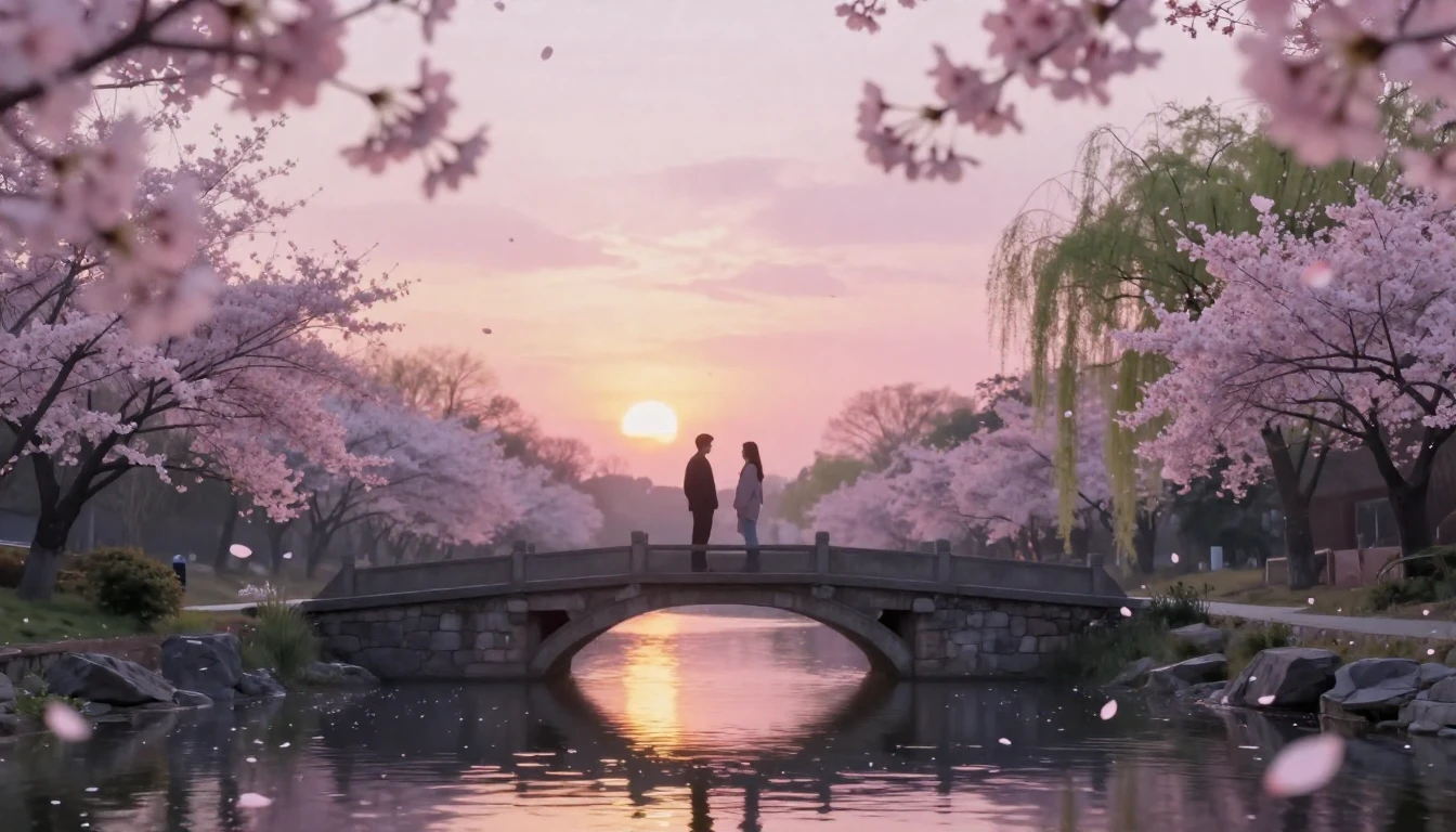 A dreamlike scene of two silhouettes standing on a stone bri...