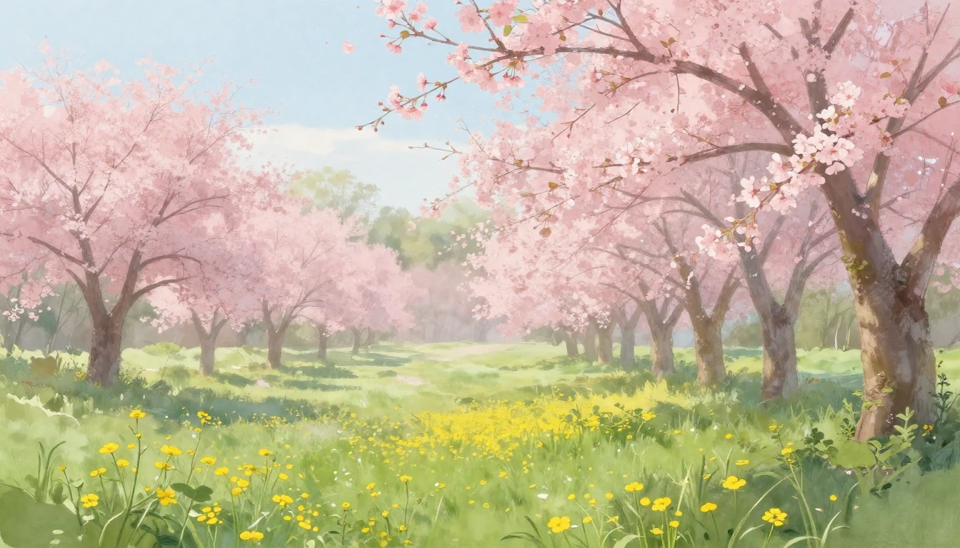 A serene landscape of a lush spring meadow in full bloom. So...