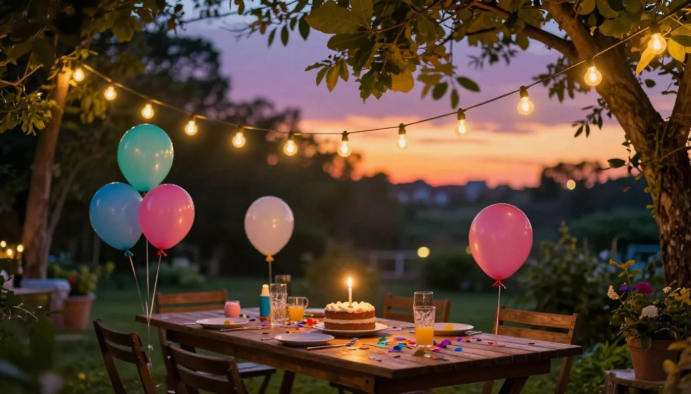 A vibrant and festive scene depicting a cozy outdoor garden ...