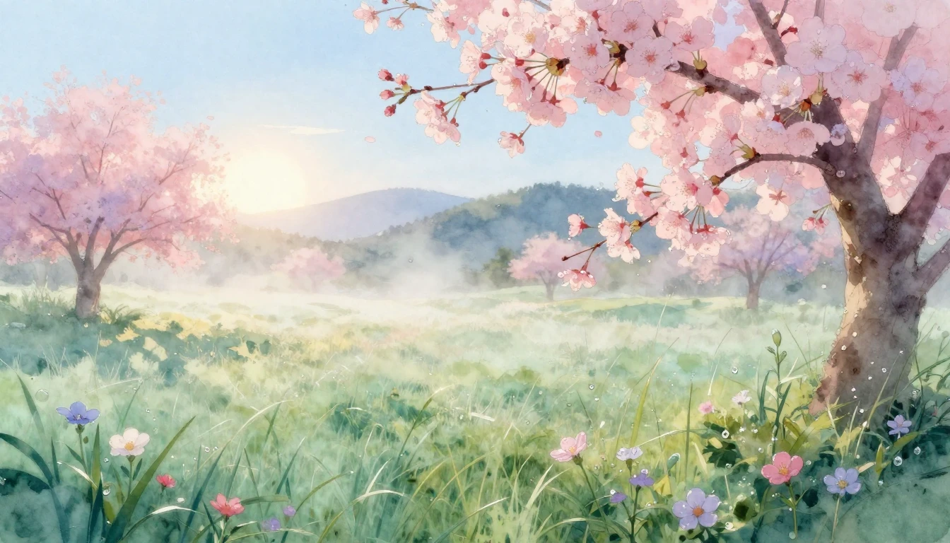 A delicate watercolor painting of a lush spring meadow at da...
