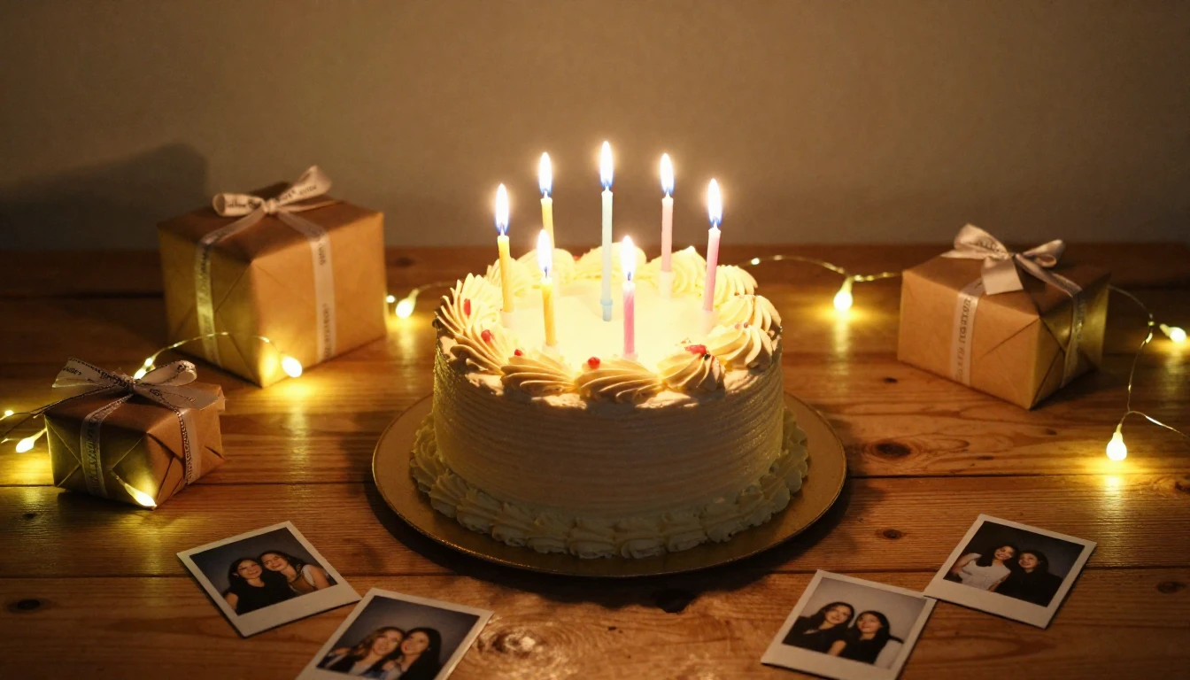 A beautiful birthday cake with lit candles on a rustic woode...